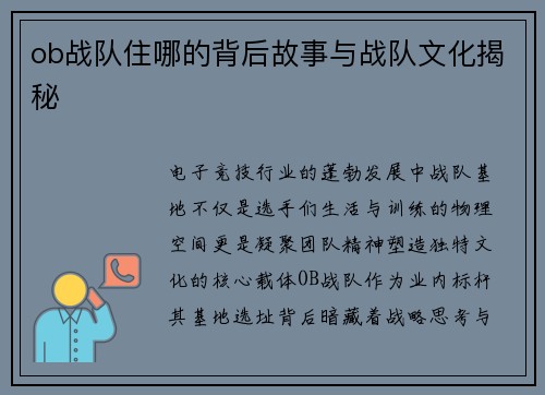 ob战队住哪的背后故事与战队文化揭秘