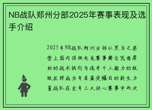 NB战队郑州分部2025年赛事表现及选手介绍