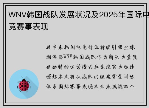 WNV韩国战队发展状况及2025年国际电竞赛事表现